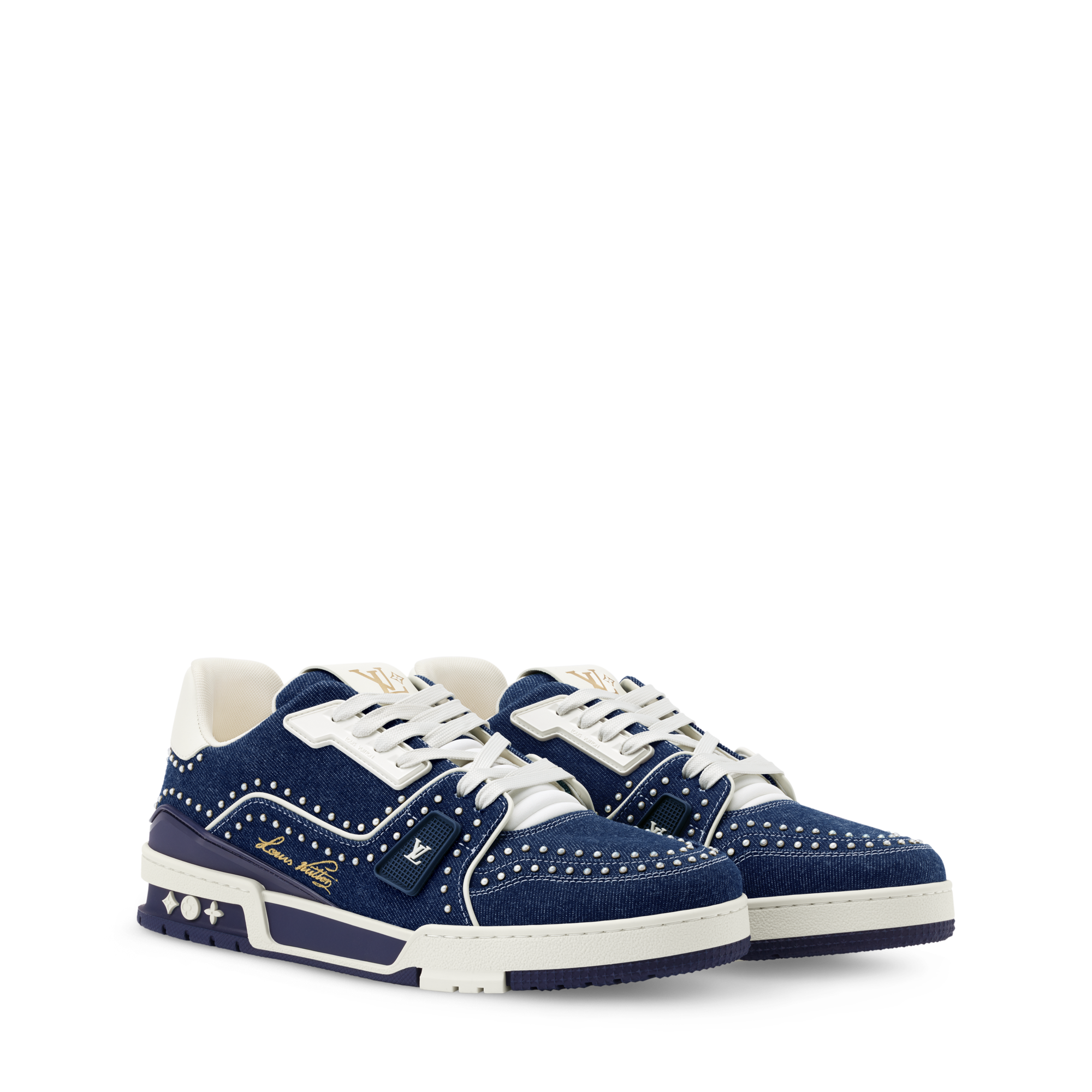  Zapatos Tenis <ul>
  <li>Color azul índigo</li>
  <li>Denim/perlas Swarovski™</li>
  <li>Cordones</li>
  <li>Detalles distintivos</li>
  <li>Suela de goma con flores Monograma</li>
  <li>El artículo se ha fabricado en Italia</li>
</ul> | Louis Vuitton ® (Ampliar producto)